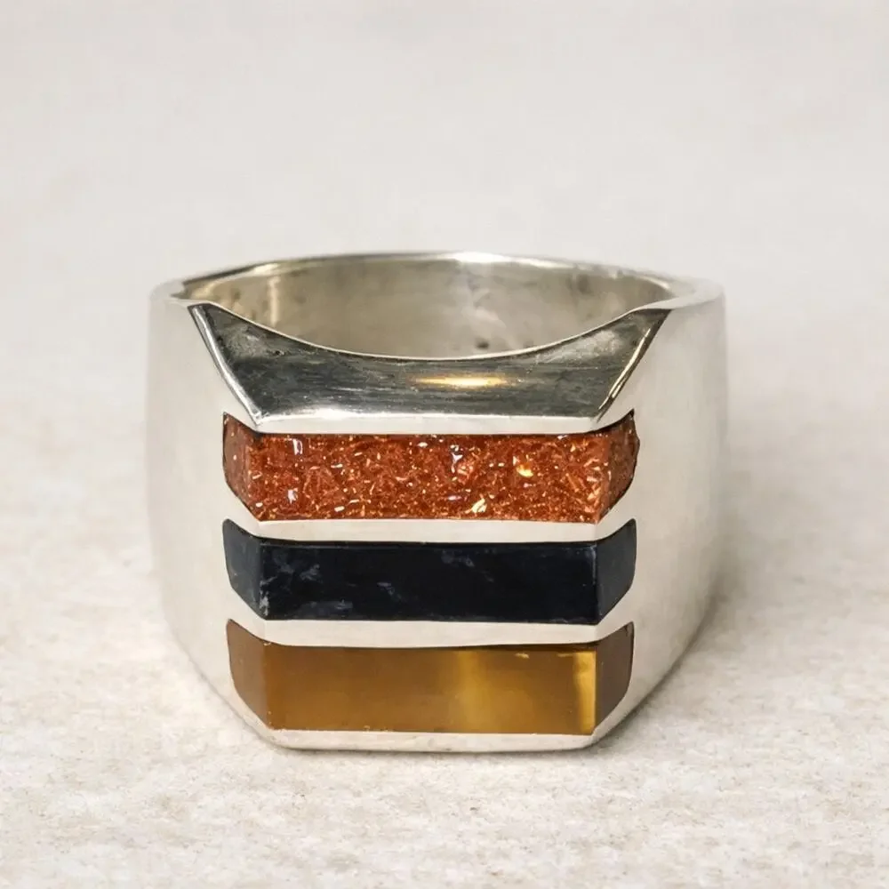 Sterling Silver 925 Taxco Ring Size 8 Goldstone Tiger’s Eye Inlay Mexico